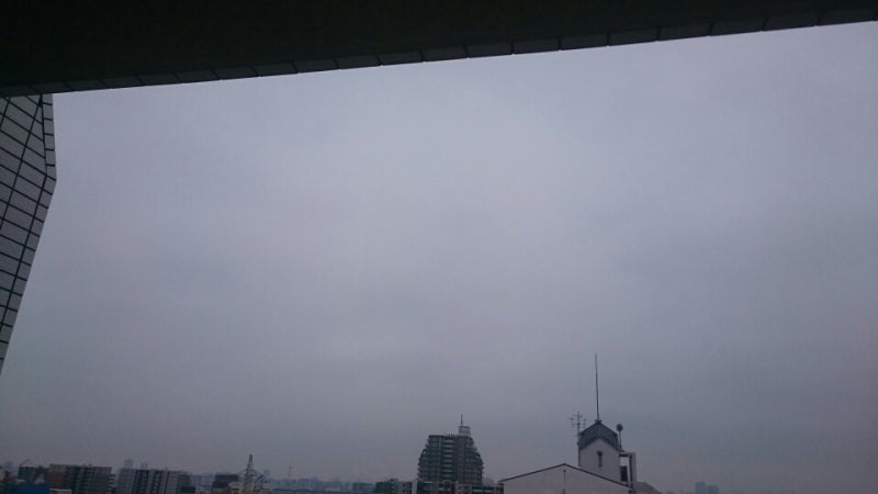 曇り空の街並みをベランダから見た様子